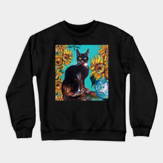 SUNFLOWERS WITH BLACK CAT IN BLUE TURQUOISE YELLOW COLORS Crewneck Sweatshirt by BulganLumini